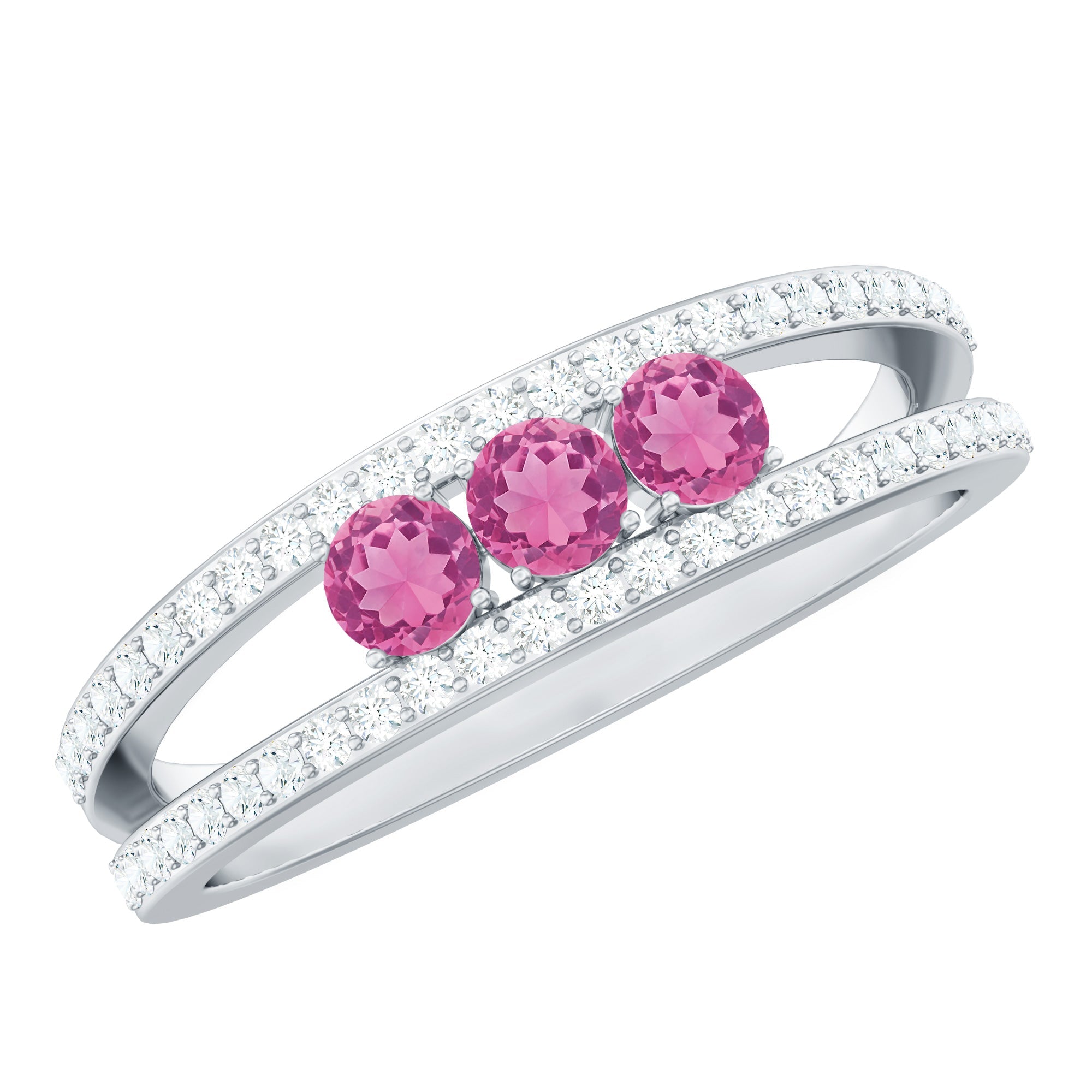 Pink Tourmaline Ring – Elegant Three Stone Anniversary Ring | Diamond Accent