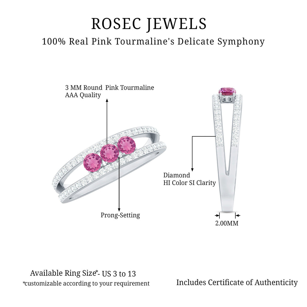 Pink Tourmaline Ring – Elegant Three Stone Anniversary Ring | Diamond Accent