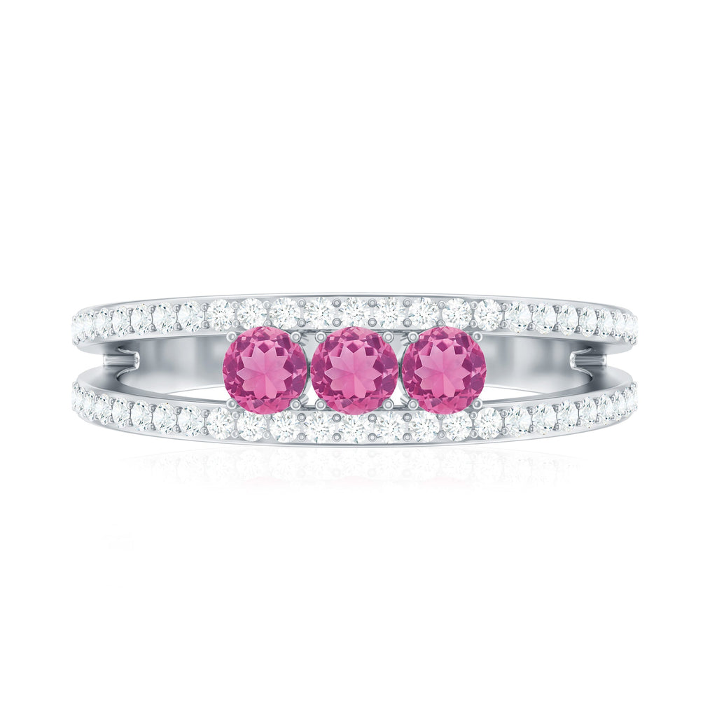 Pink Tourmaline Ring – Elegant Three Stone Anniversary Ring | Diamond Accent