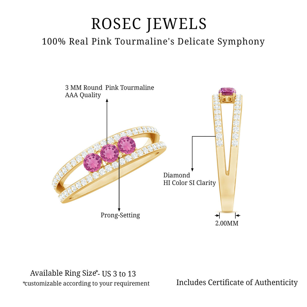Pink Tourmaline Ring – Elegant Three Stone Anniversary Ring | Diamond Accent
