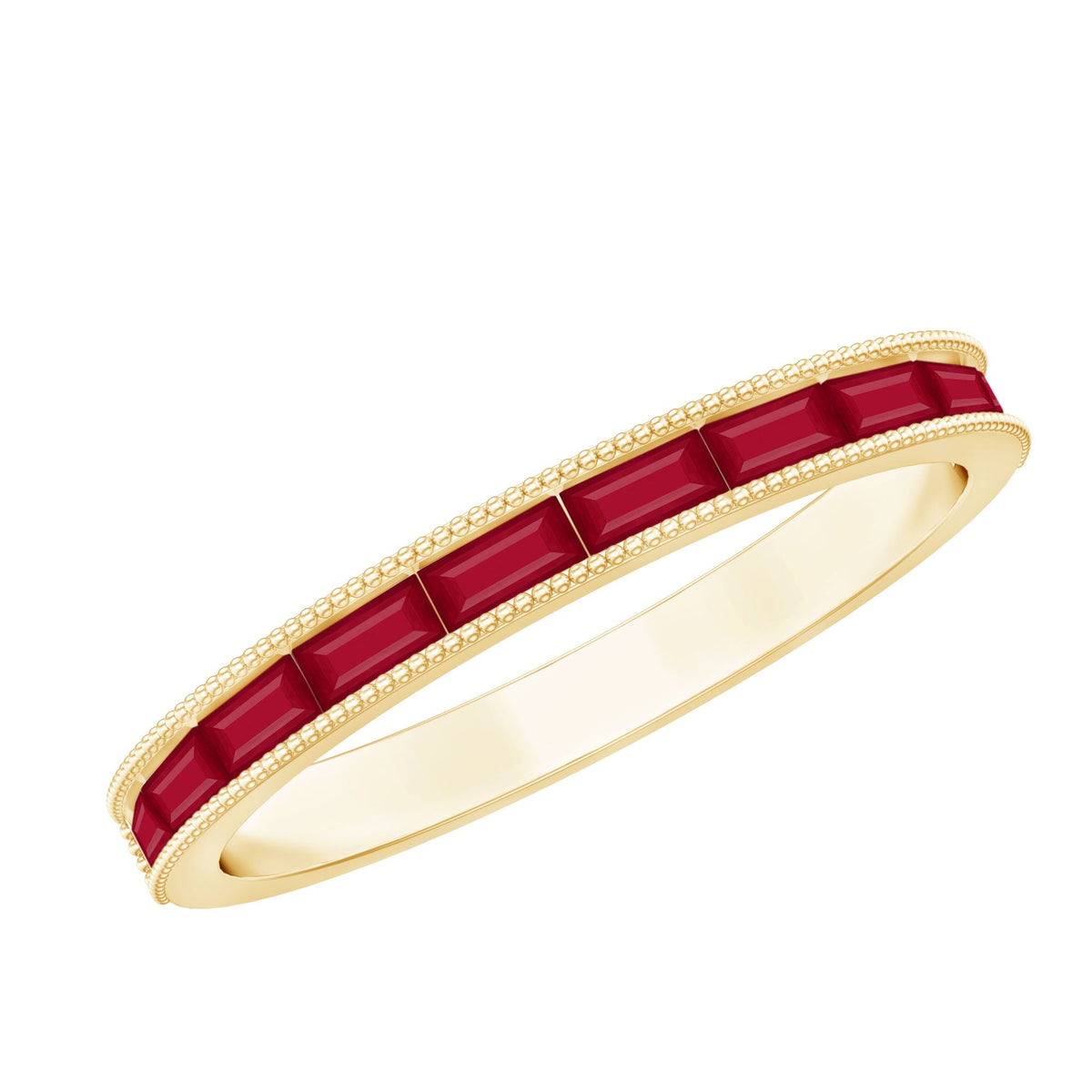 Baguette Ruby Ring – Elegant Half Eternity Band with Beaded Detail Design