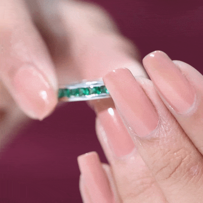 Lab Grown Emerald Ring - Channel Set Half Eternity Band with Princess Cut Stones