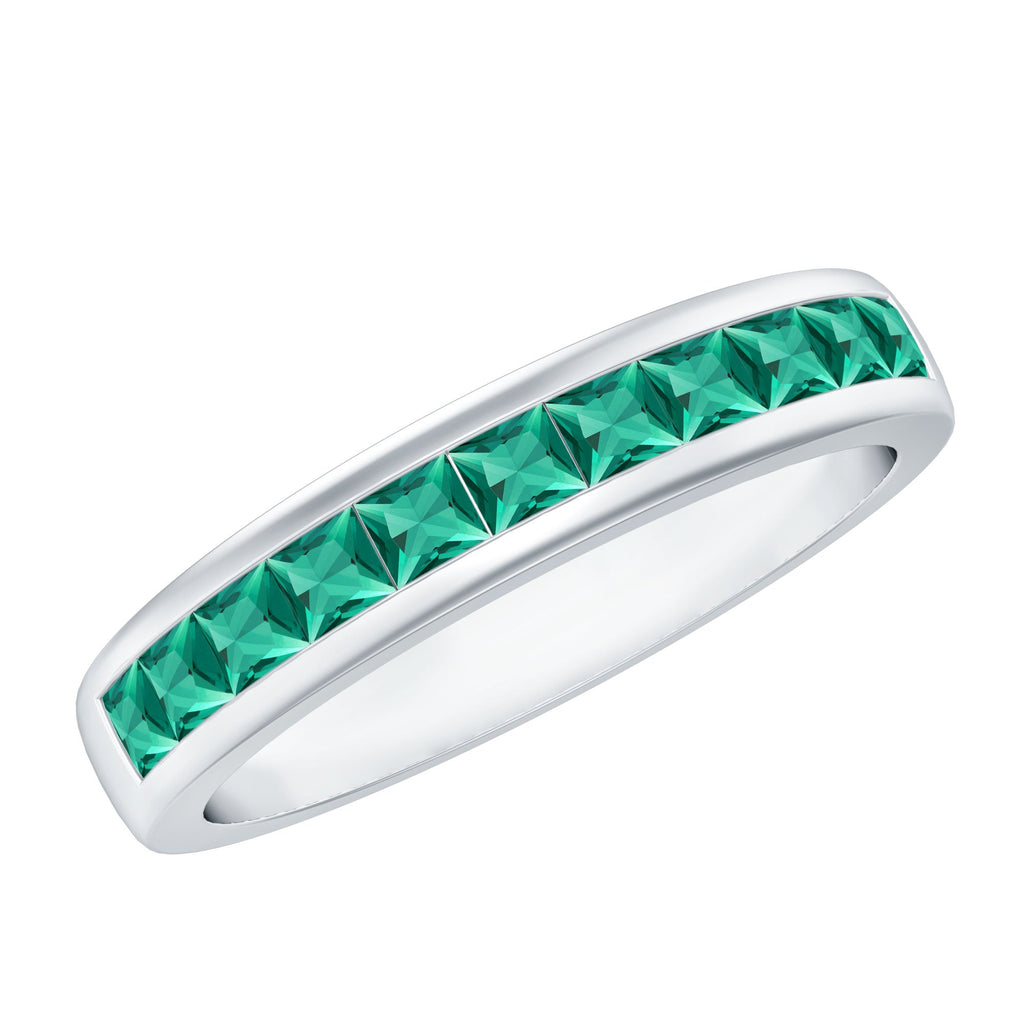 Lab Grown Emerald Ring - Channel Set Half Eternity Band with Princess Cut Stones
