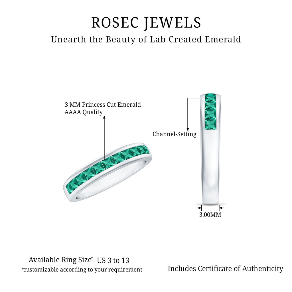 Lab Grown Emerald Ring - Channel Set Half Eternity Band with Princess Cut Stones