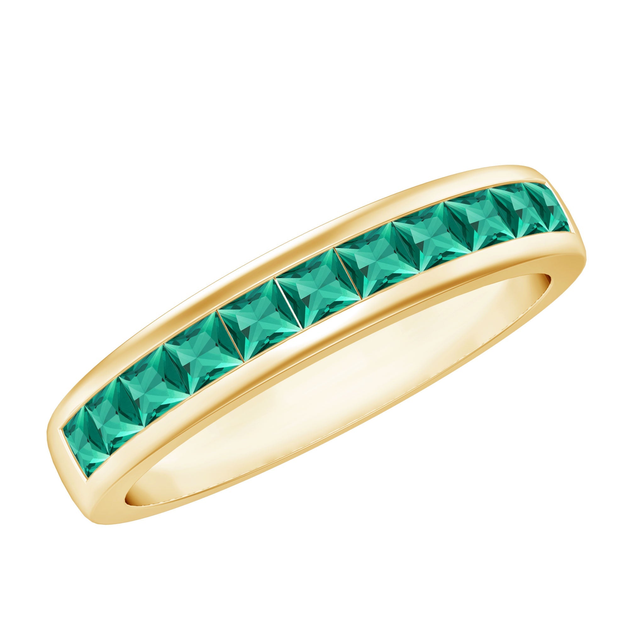 Lab Grown Emerald Ring - Channel Set Half Eternity Band with Princess Cut Stones