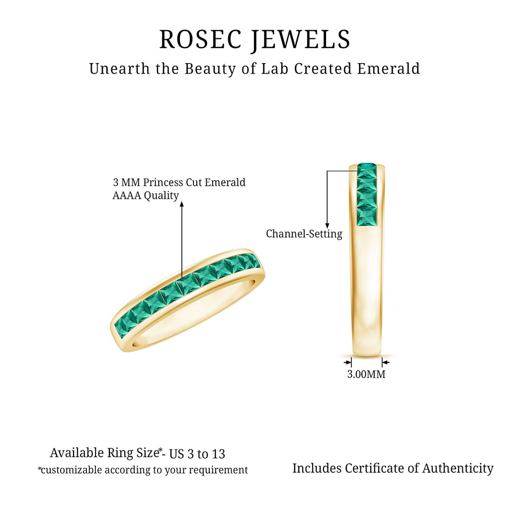 Lab Grown Emerald Ring - Channel Set Half Eternity Band with Princess Cut Stones