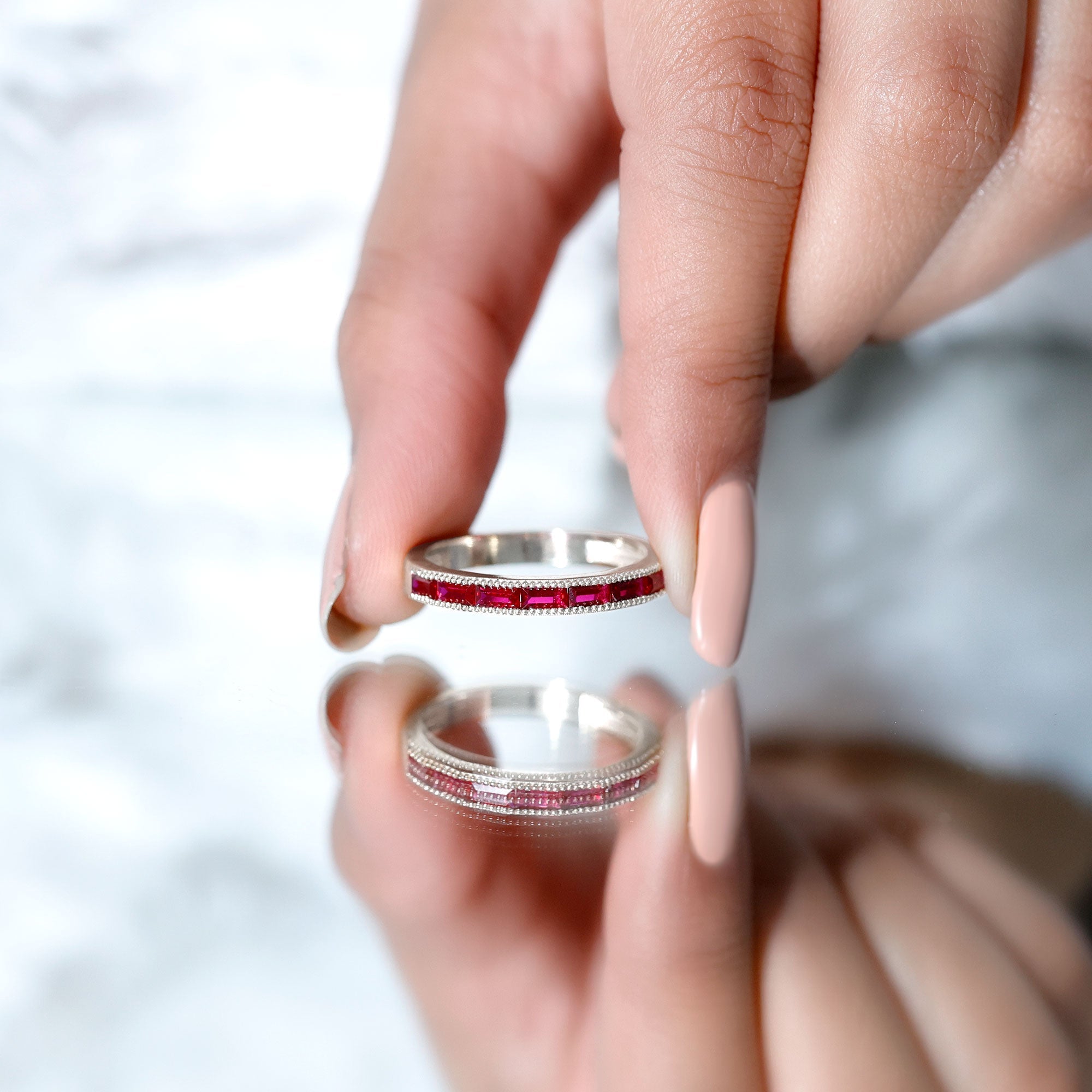 Ruby Eternity Ring – Lab Created Ruby Baguette Cut Stones | Channel Setting Band