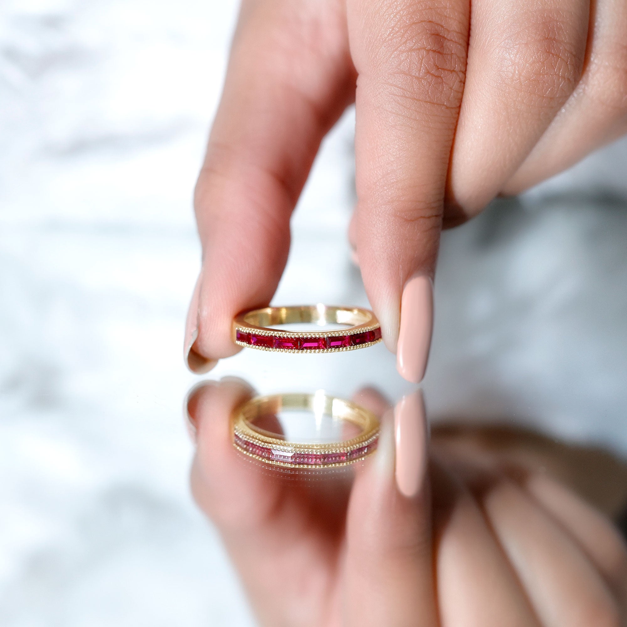 Ruby Eternity Ring – Lab Created Ruby Baguette Cut Stones | Channel Setting Band