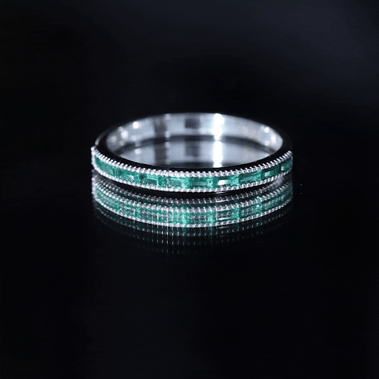 Emerald Eternity Ring – Lab Created Emeralds Baguette Cut | Beaded Detailing Band
