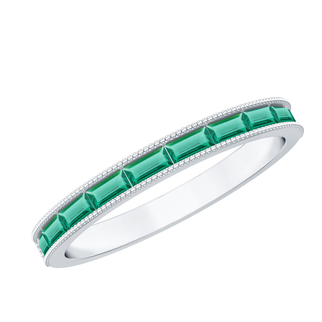 Emerald Eternity Ring – Lab Created Emeralds Baguette Cut | Beaded Detailing Band