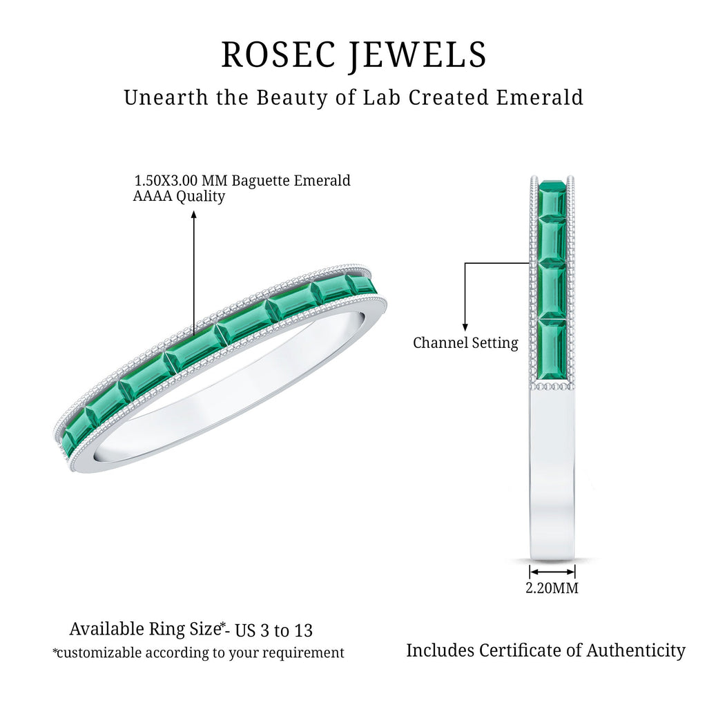 Emerald Eternity Ring – Lab Created Emeralds Baguette Cut | Beaded Detailing Band