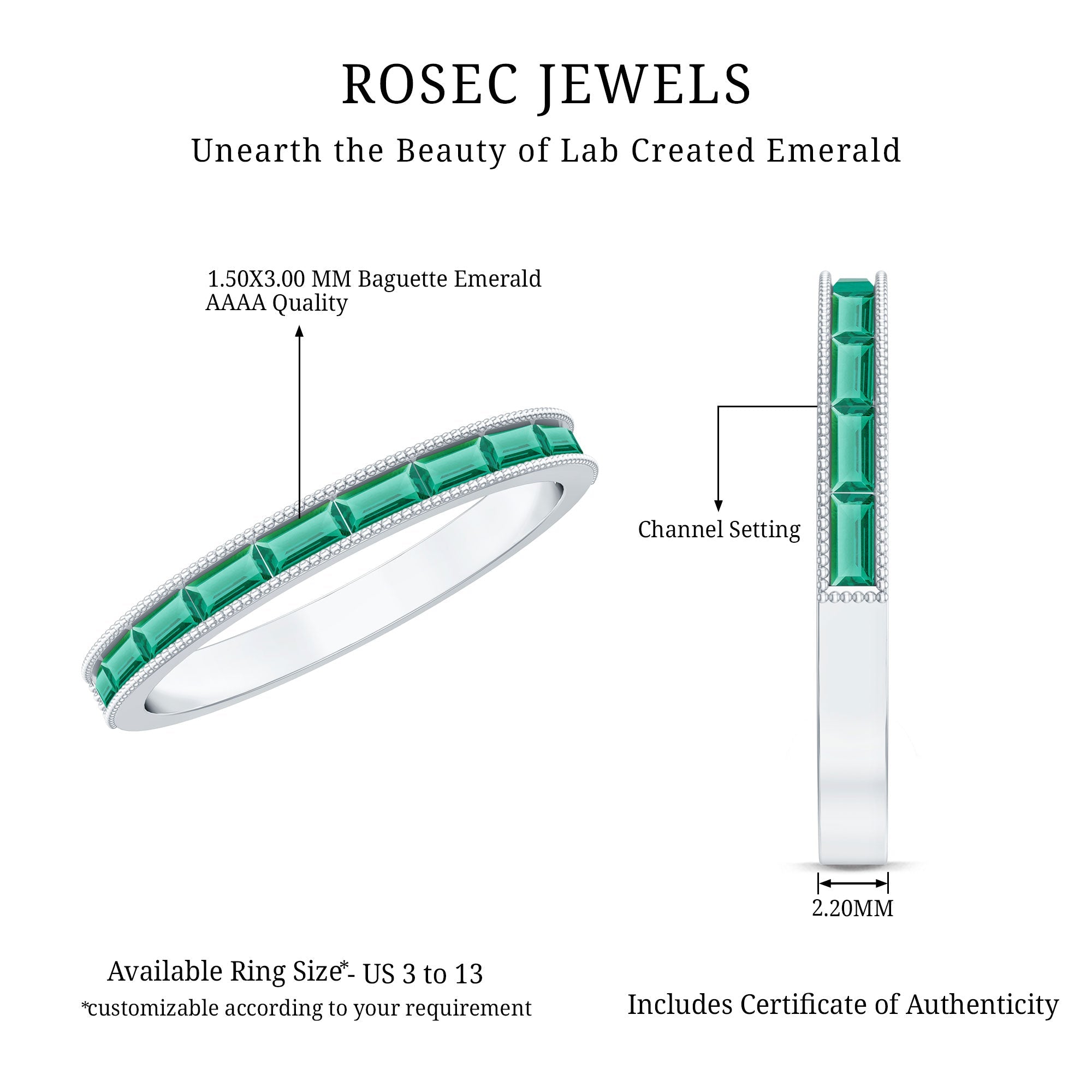 Emerald Eternity Ring – Lab Created Emeralds Baguette Cut | Beaded Detailing Band