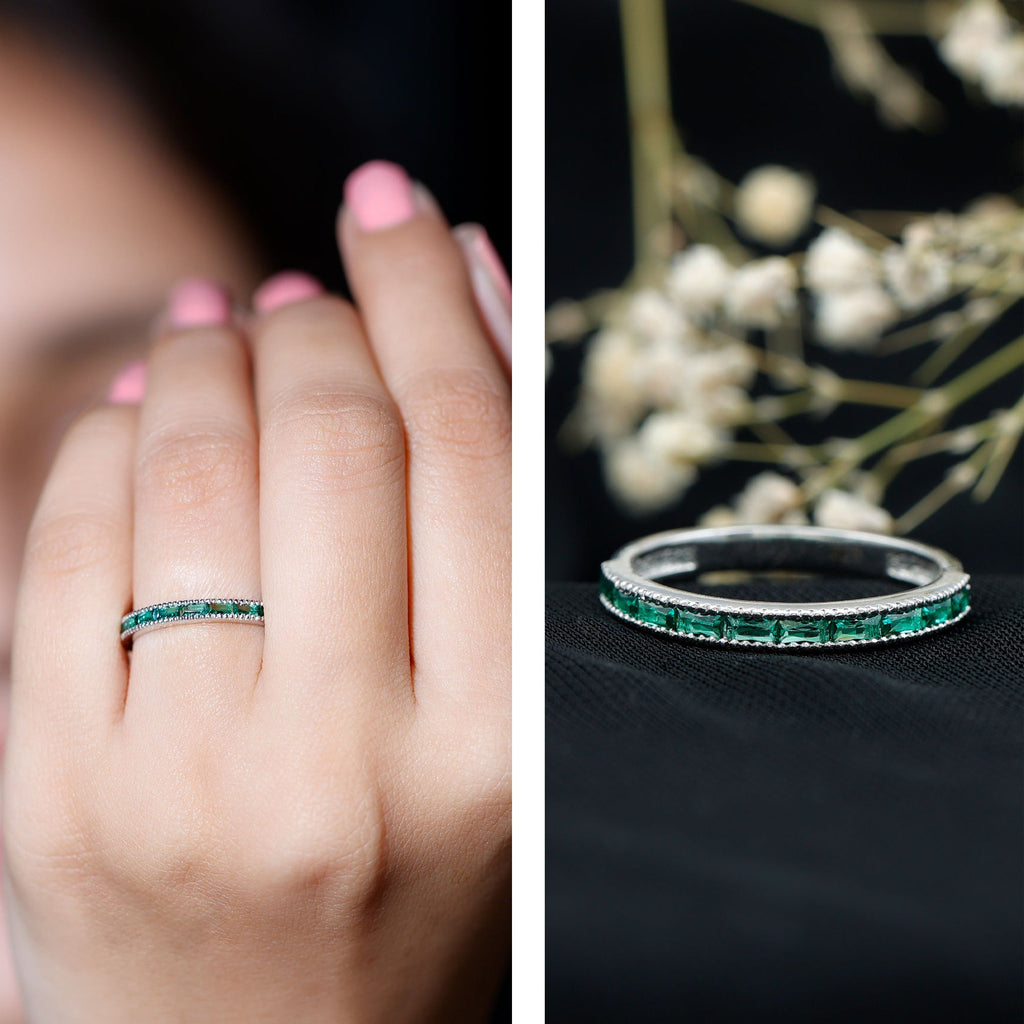 Emerald Eternity Ring – Lab Created Emeralds Baguette Cut | Beaded Detailing Band