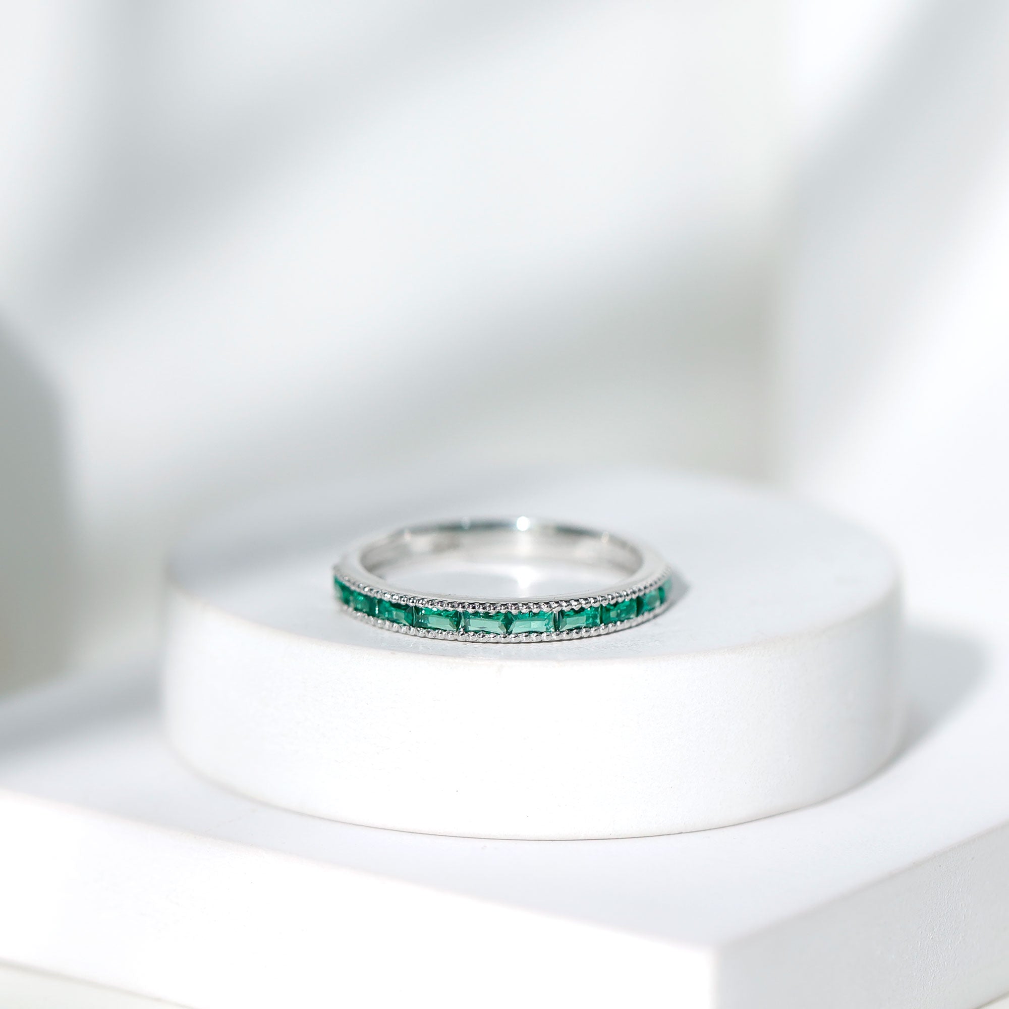 Emerald Eternity Ring – Lab Created Emeralds Baguette Cut | Beaded Detailing Band