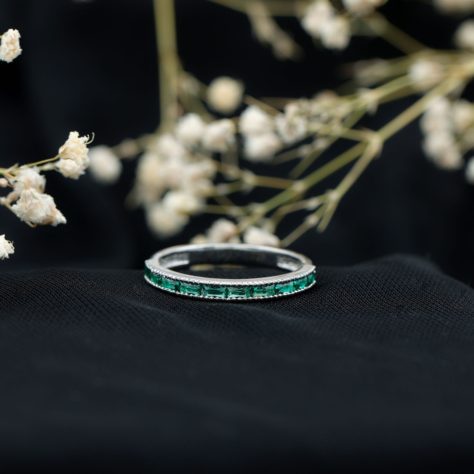 Emerald Eternity Ring – Lab Created Emeralds Baguette Cut | Beaded Detailing Band