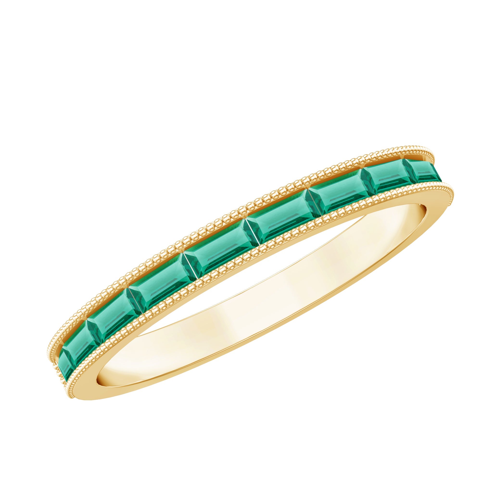 Emerald Eternity Ring – Lab Created Emeralds Baguette Cut | Beaded Detailing Band