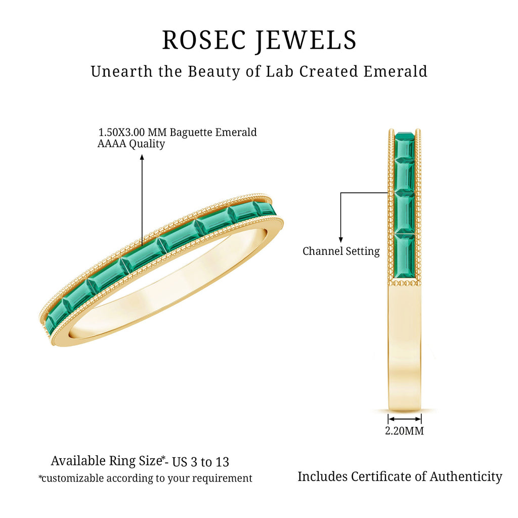Emerald Eternity Ring – Lab Created Emeralds Baguette Cut | Beaded Detailing Band