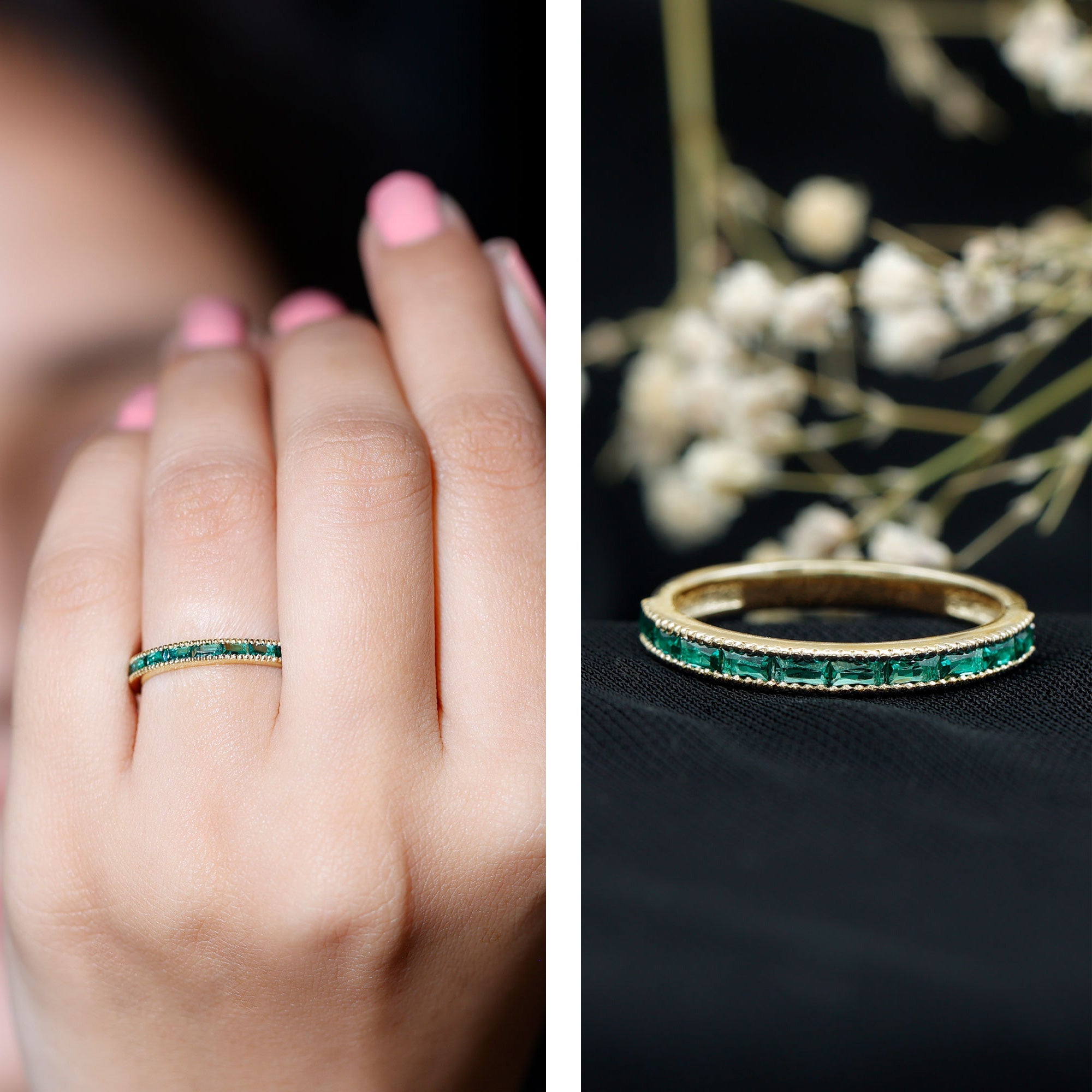 Emerald Eternity Ring – Lab Created Emeralds Baguette Cut | Beaded Detailing Band