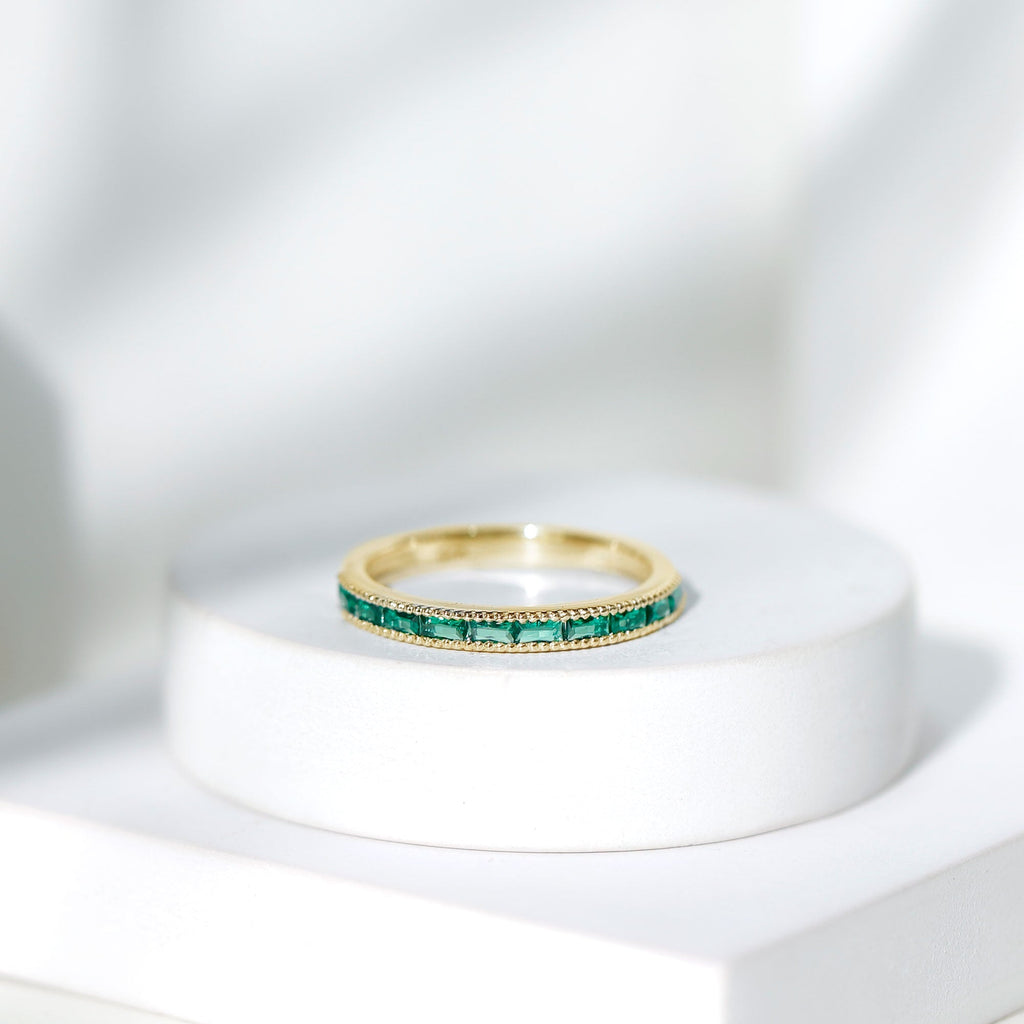 Emerald Eternity Ring – Lab Created Emeralds Baguette Cut | Beaded Detailing Band