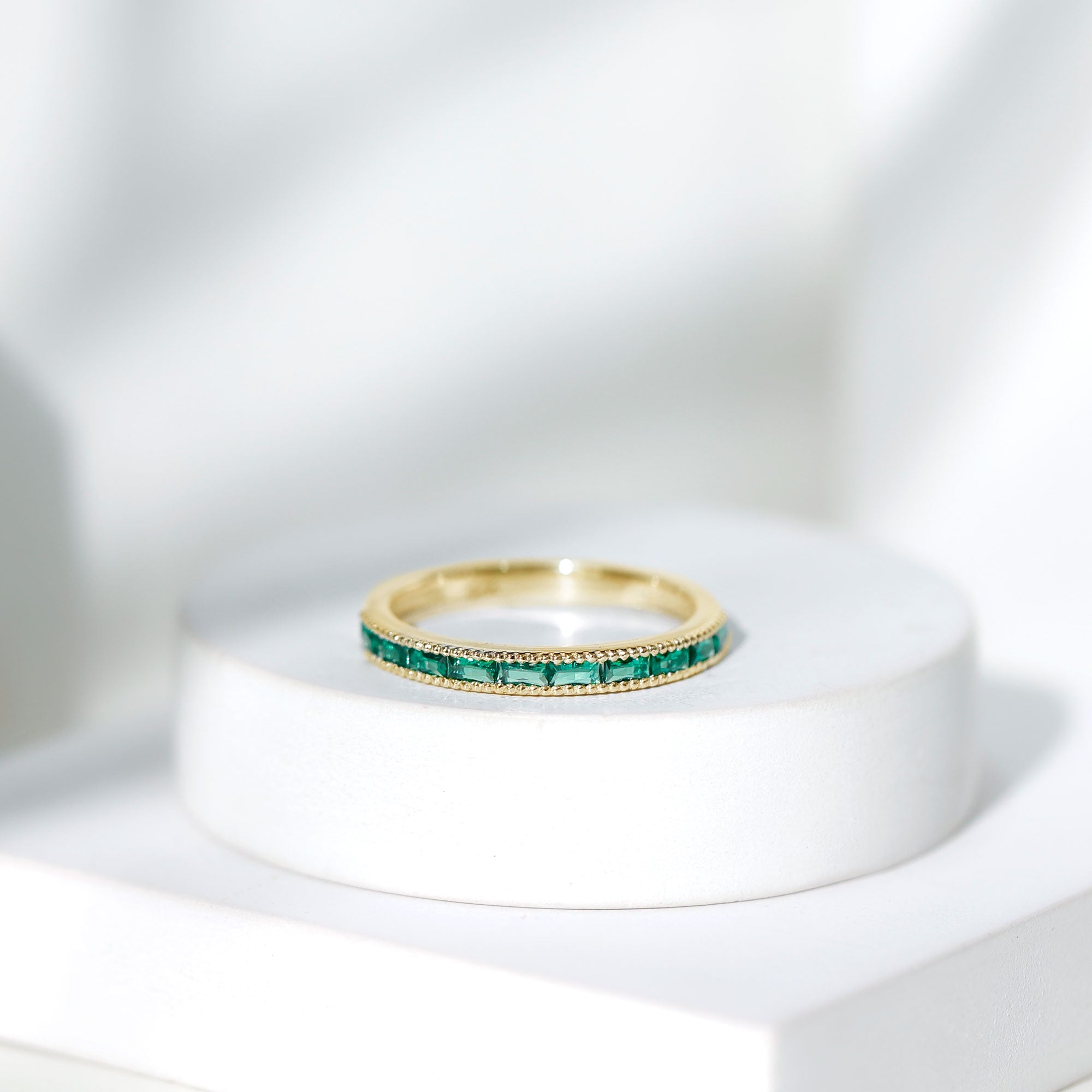 Emerald Eternity Ring – Lab Created Emeralds Baguette Cut | Beaded Detailing Band