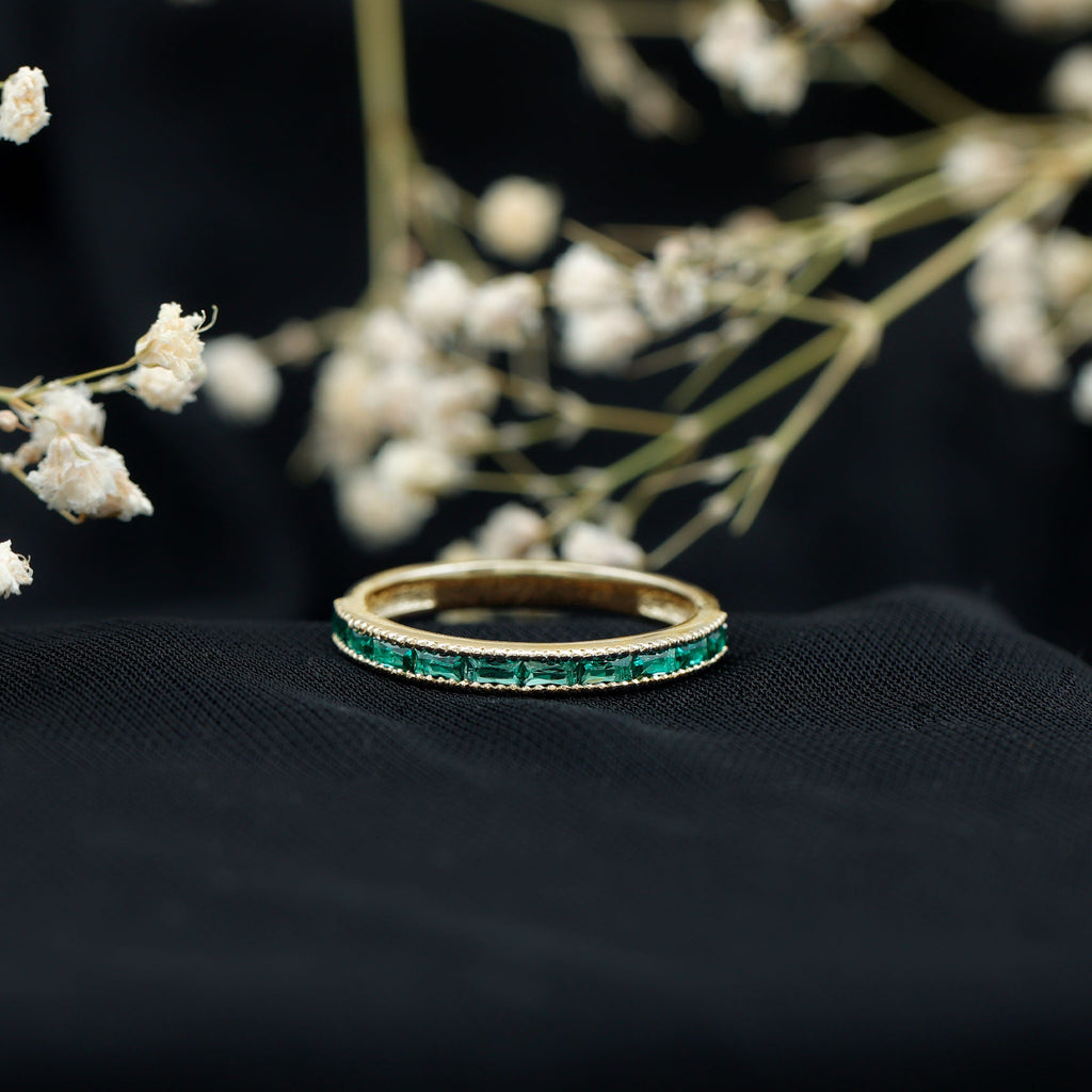 Emerald Eternity Ring – Lab Created Emeralds Baguette Cut | Beaded Detailing Band