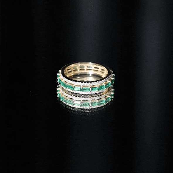 Lab Grown Emerald Ring – Three Row Band with Moissanite Wedding Band, Prong Setting