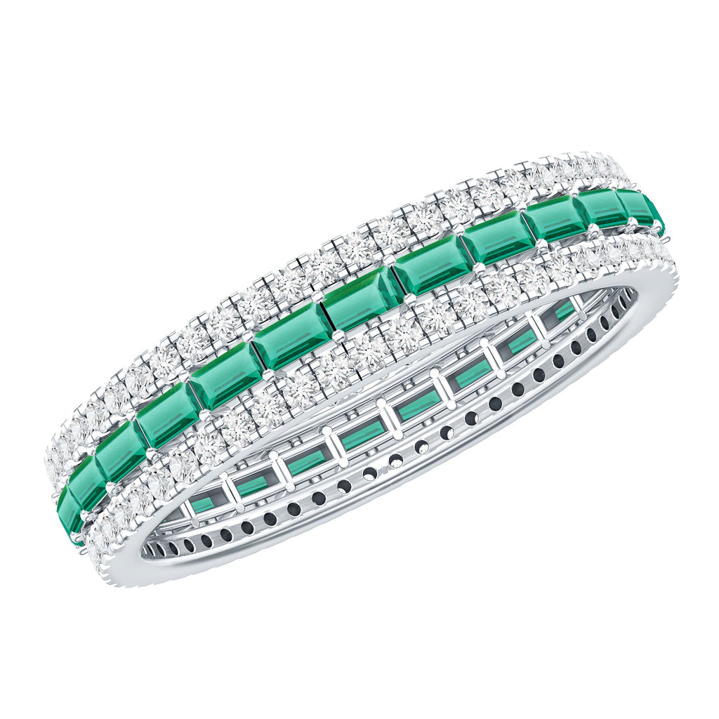 Lab Grown Emerald Ring – Three Row Band with Moissanite Wedding Band, Prong Setting