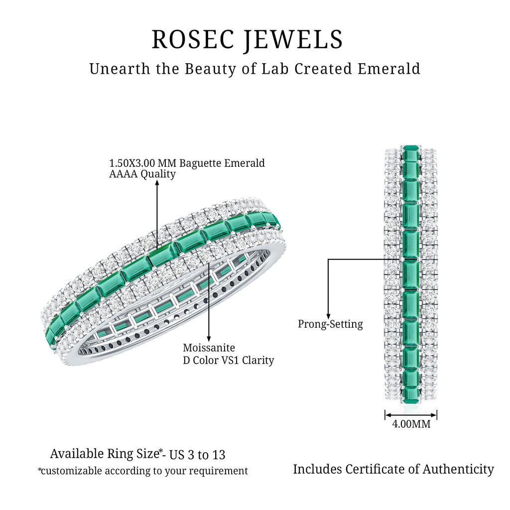 Lab Grown Emerald Ring – Three Row Band with Moissanite Wedding Band, Prong Setting