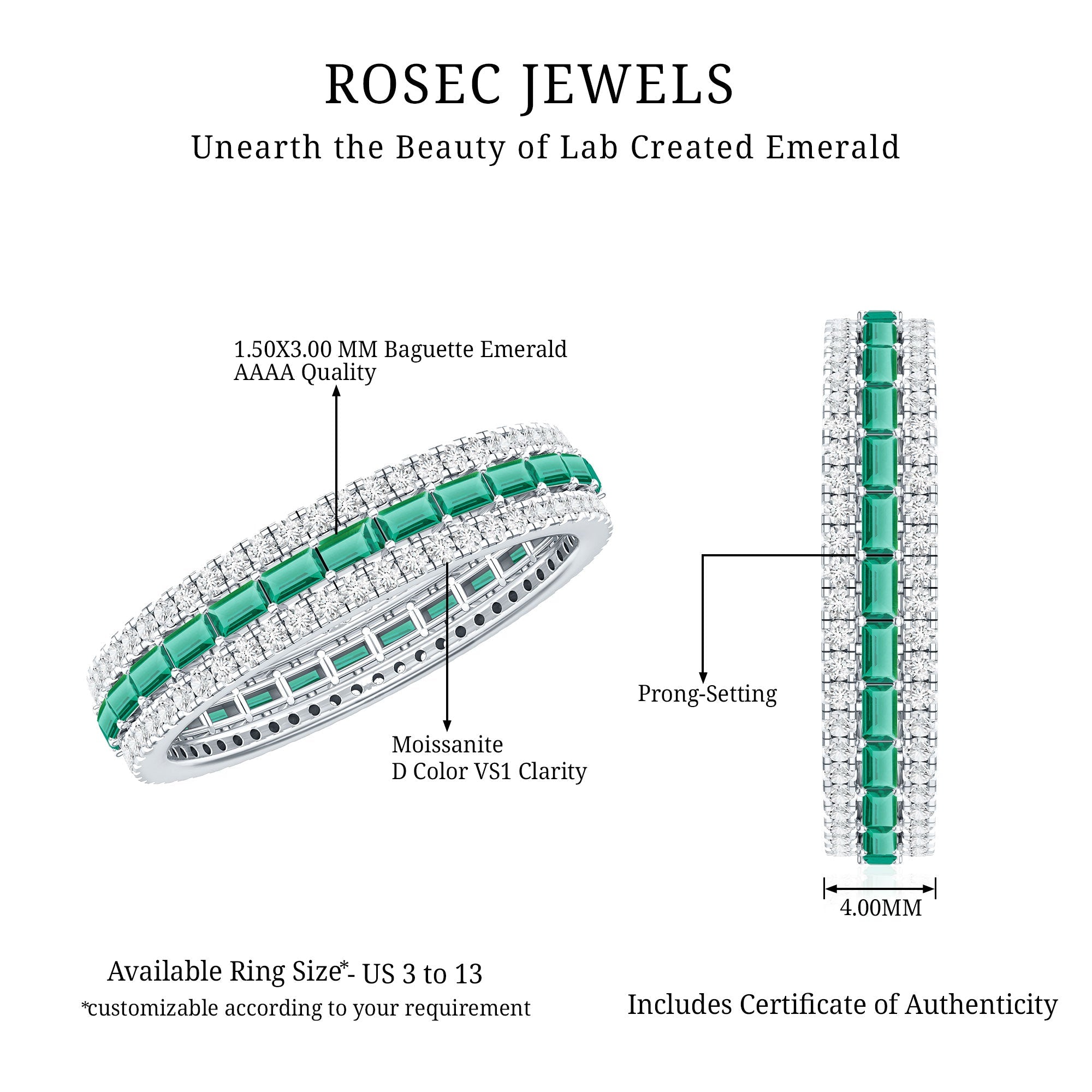 Lab Grown Emerald Ring – Three Row Band with Moissanite Wedding Band, Prong Setting