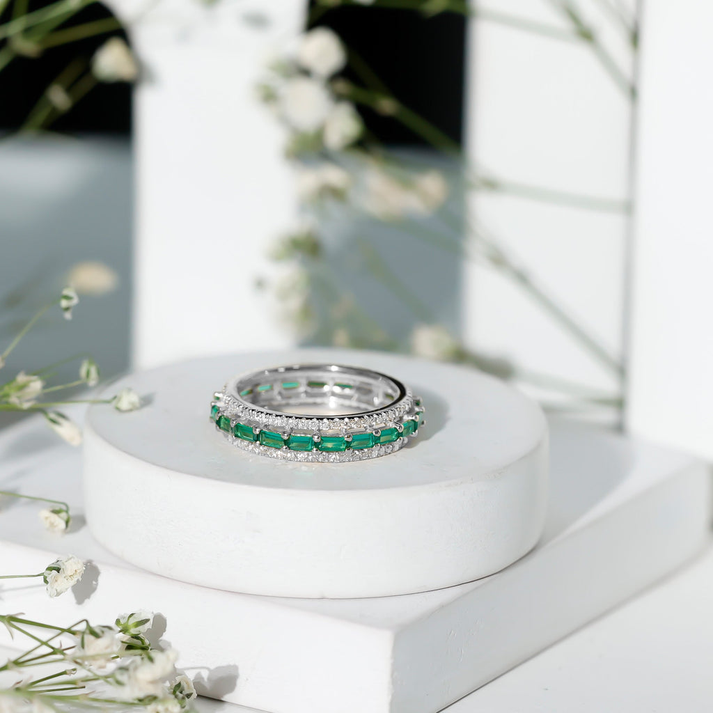 Lab Grown Emerald Ring – Three Row Band with Moissanite Wedding Band, Prong Setting