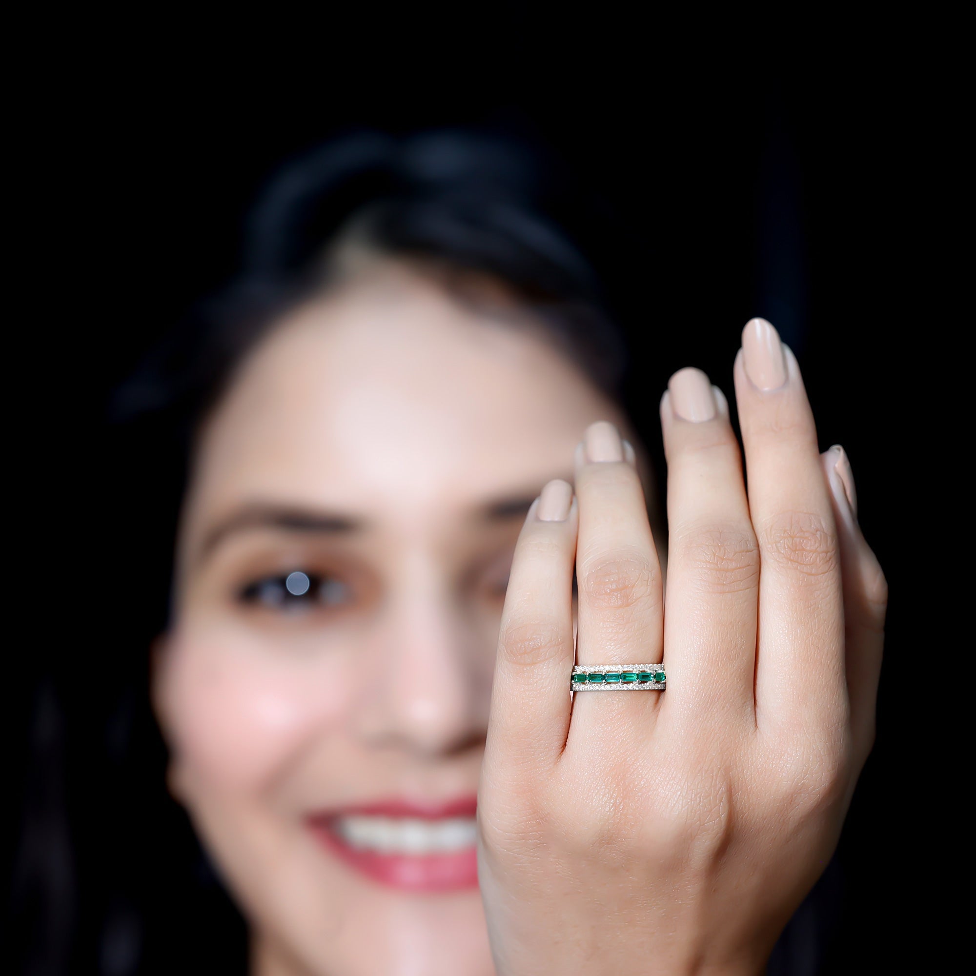 Lab Grown Emerald Ring – Three Row Band with Moissanite Wedding Band, Prong Setting