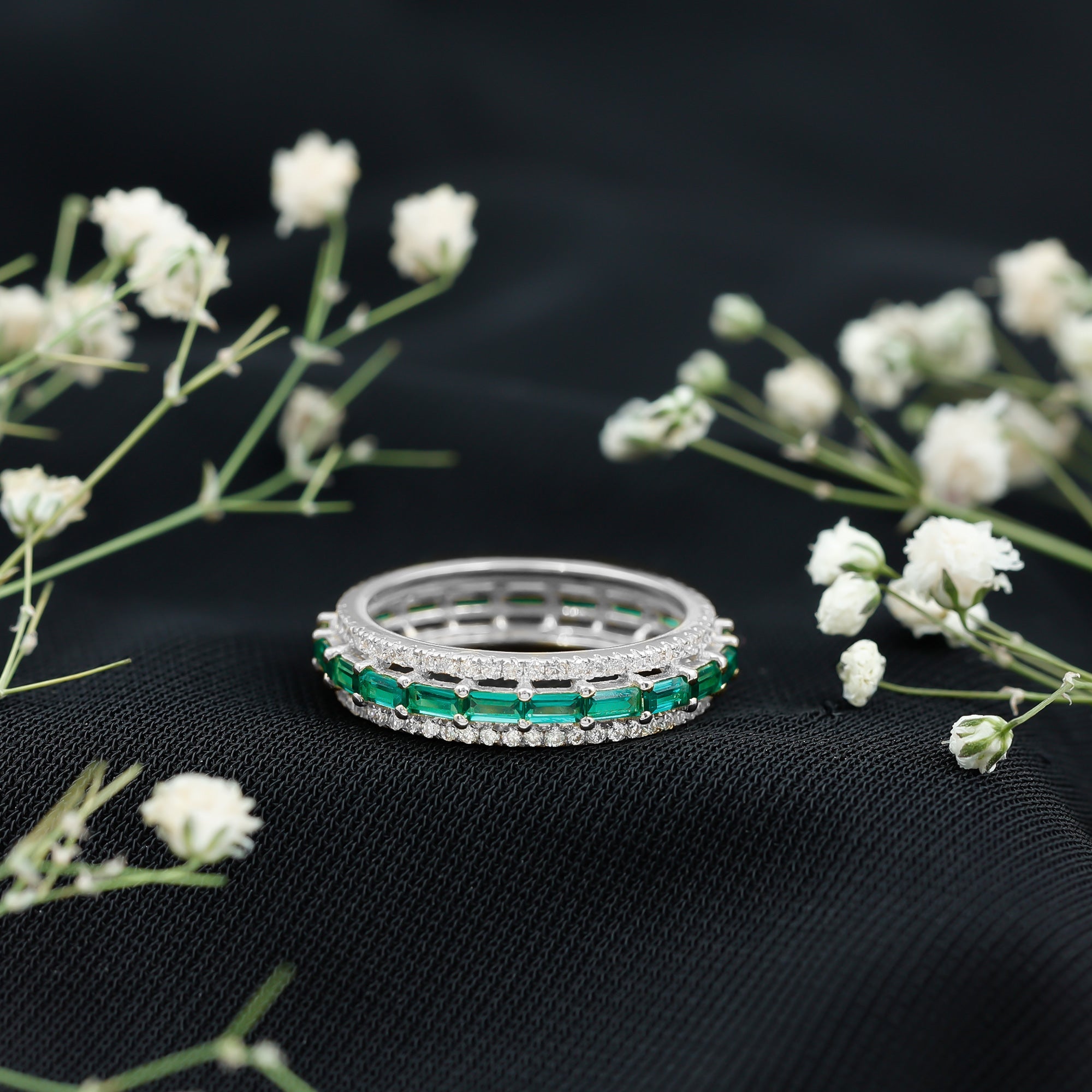 Lab Grown Emerald Ring – Three Row Band with Moissanite Wedding Band, Prong Setting