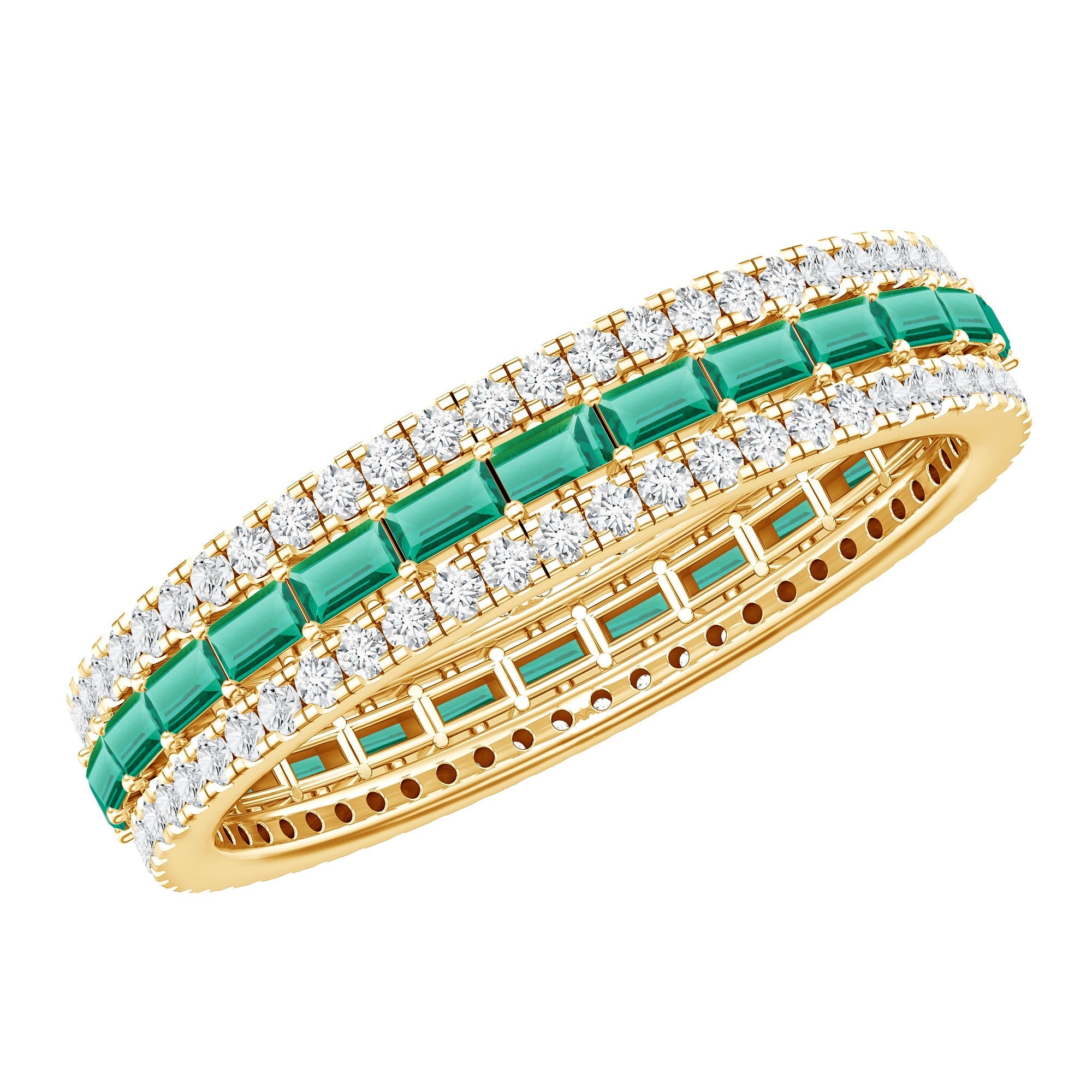 Lab Grown Emerald Ring – Three Row Band with Moissanite Wedding Band, Prong Setting