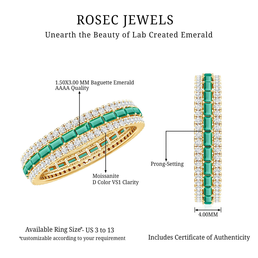 Lab Grown Emerald Ring – Three Row Band with Moissanite Wedding Band, Prong Setting