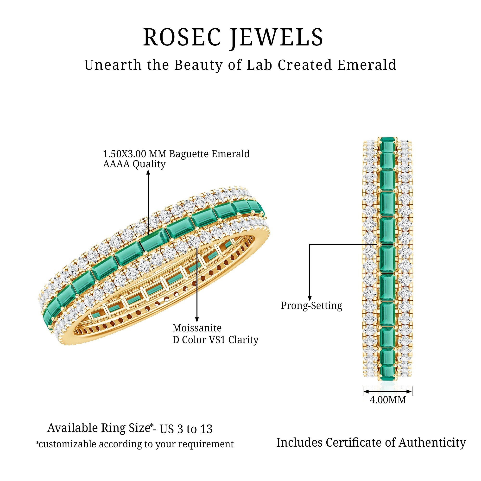 Lab Grown Emerald Ring – Three Row Band with Moissanite Wedding Band, Prong Setting