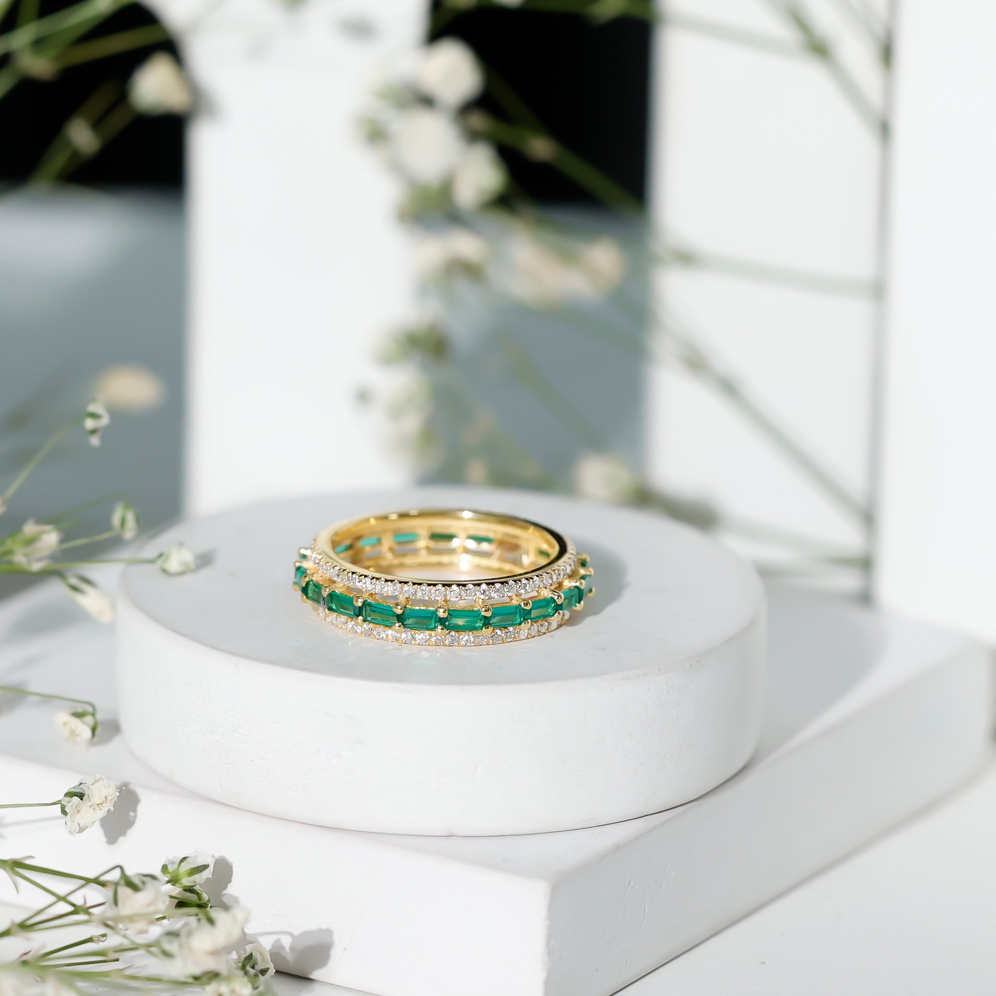 Lab Grown Emerald Ring – Three Row Band with Moissanite Wedding Band, Prong Setting