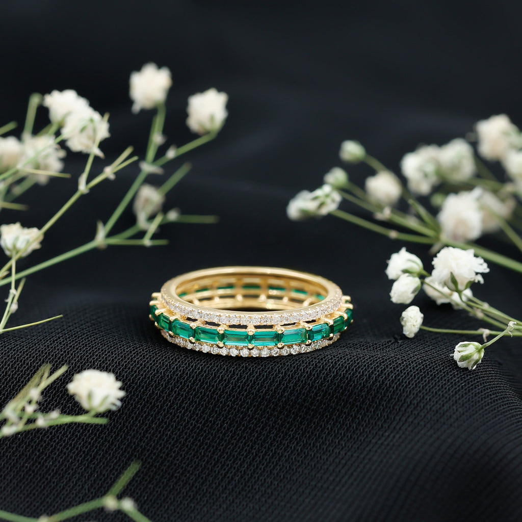 Lab Grown Emerald Ring – Three Row Band with Moissanite Wedding Band, Prong Setting