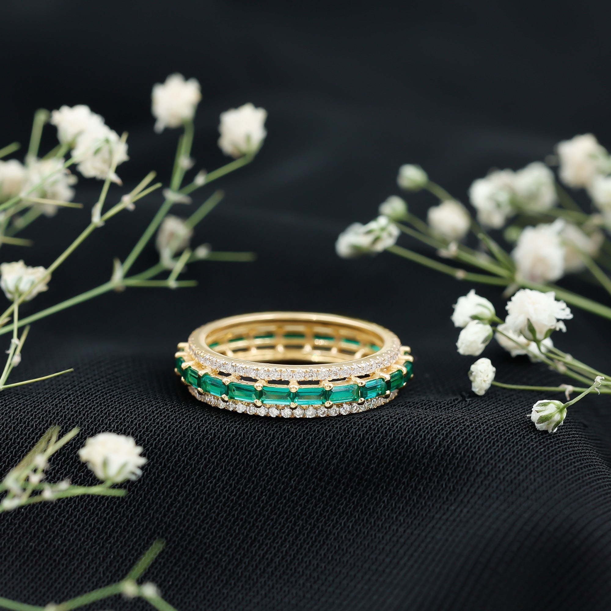 Lab Grown Emerald Ring – Three Row Band with Moissanite Wedding Band, Prong Setting