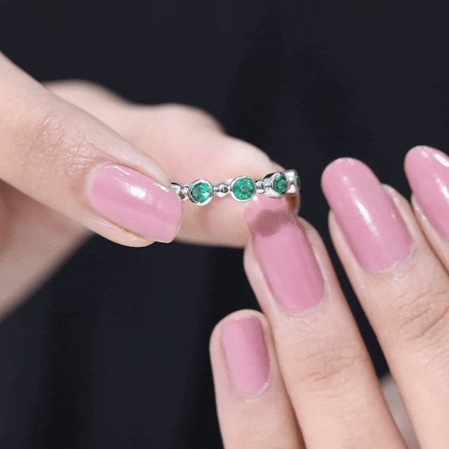 Lab Grown Emerald Ring – Bezel Set 7 Stone Half Eternity Band for Everyday Wear