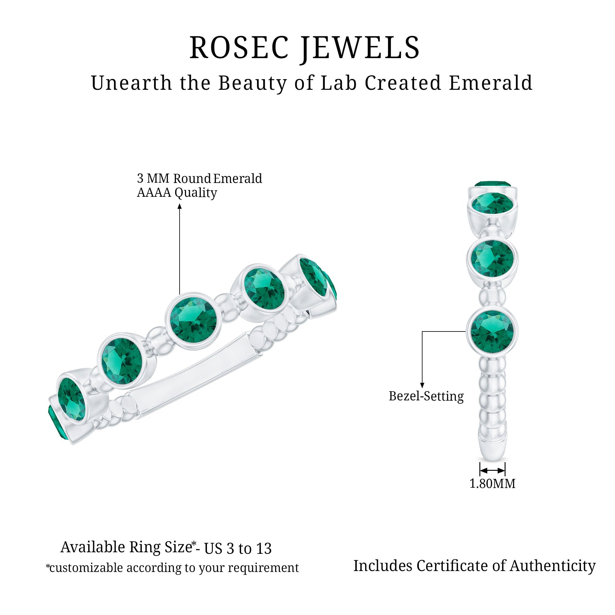 Lab Grown Emerald Ring – Bezel Set 7 Stone Half Eternity Band for Everyday Wear