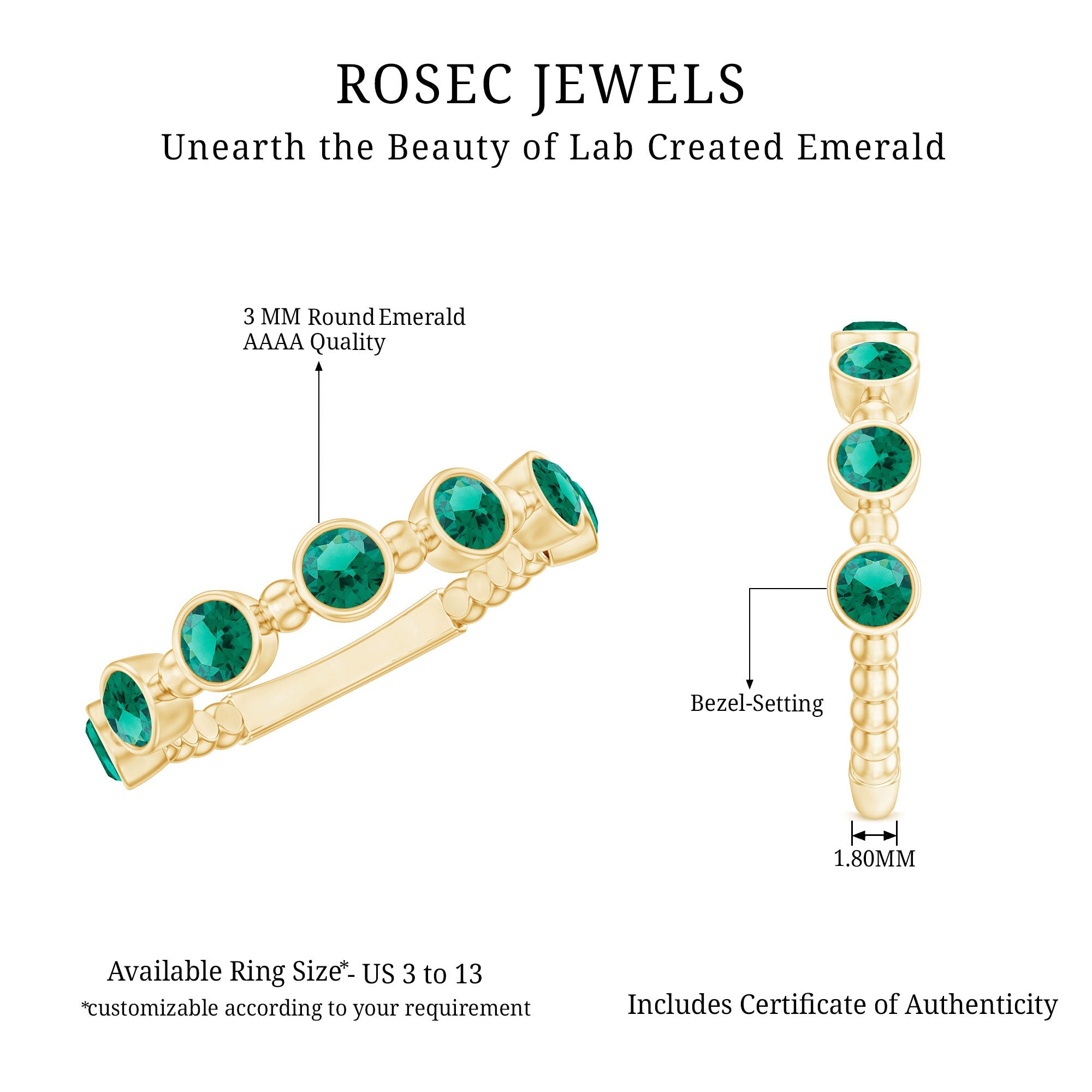 Lab Grown Emerald Ring – Bezel Set 7 Stone Half Eternity Band for Everyday Wear