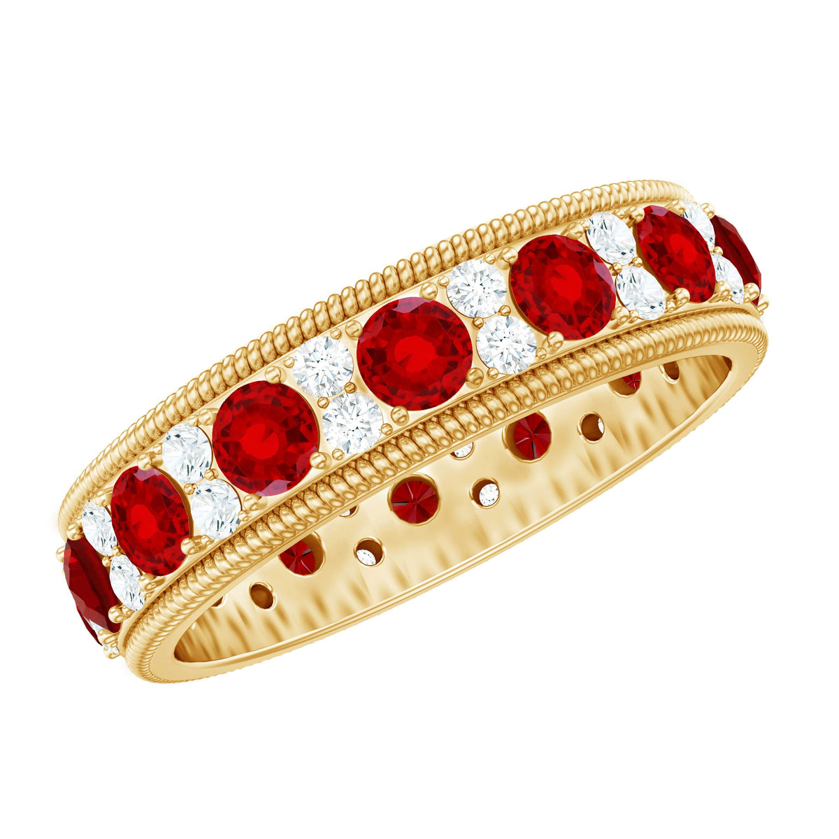 Ruby Diamond Wedding Band – Lab Created Ruby Ring with Twisted Rope Band