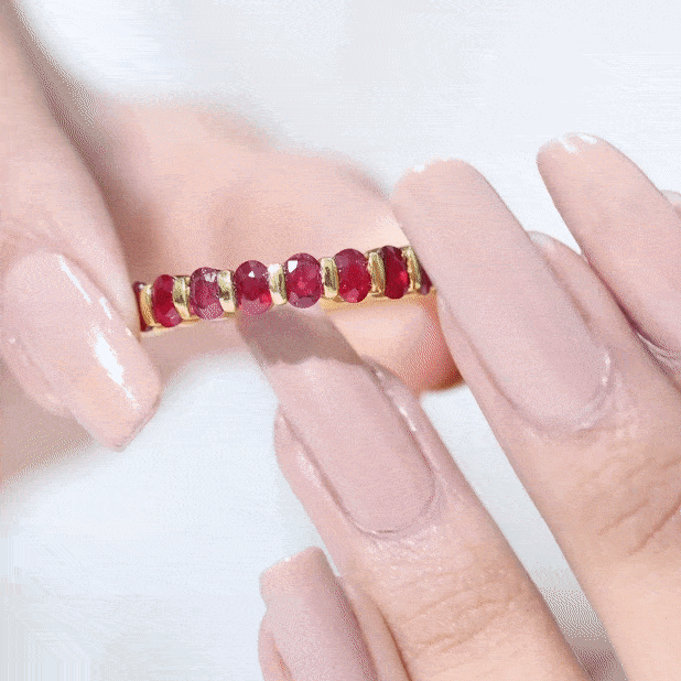 Oval Cut Ruby Ring – Solid Gold Half Eternity Band With Bar Set Design
