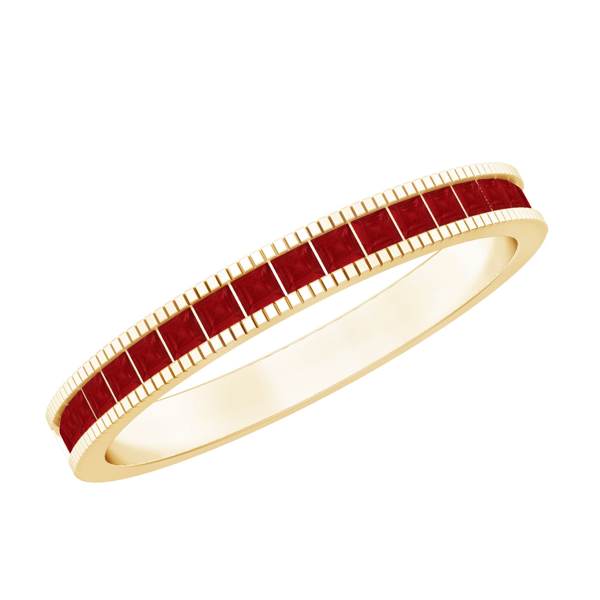 Ruby Half Eternity Ring – Princess Cut Ruby Channel Set Band with Vintage Milgrain Detail