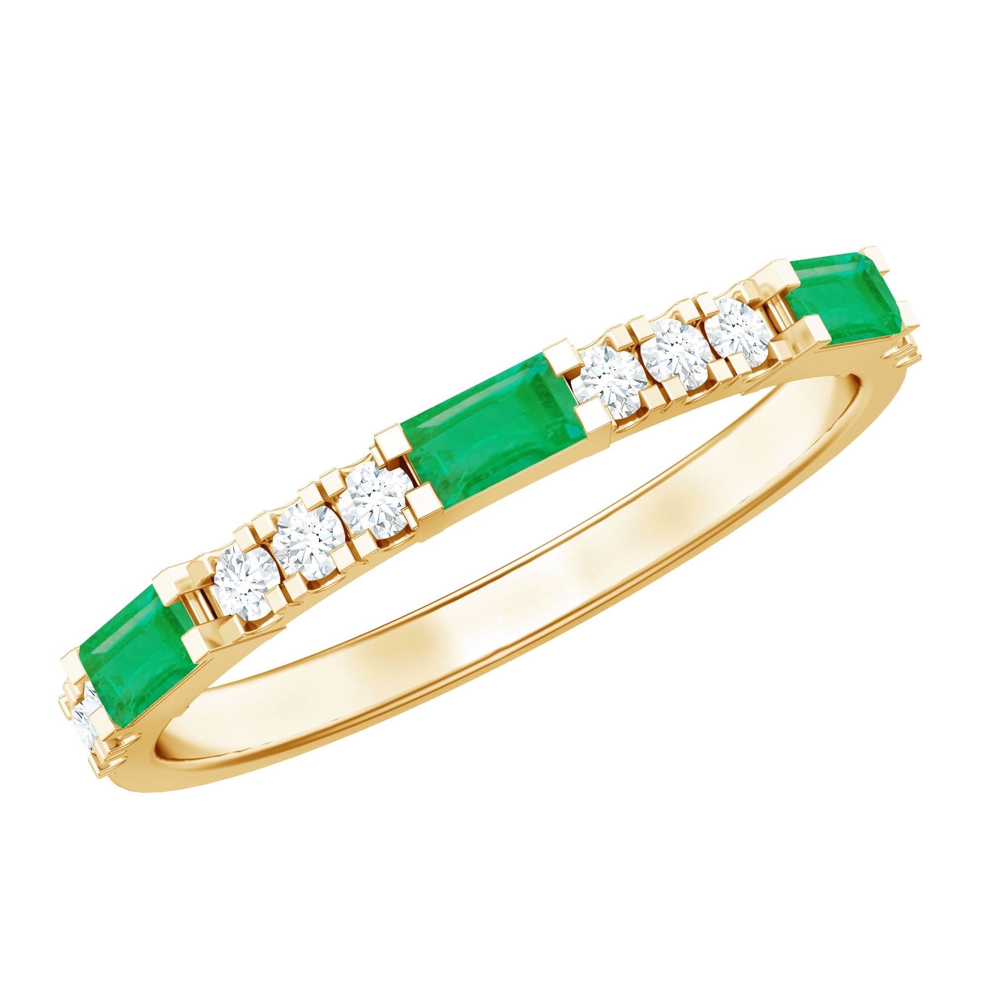 Emerald Diamond Ring – Stackable Band Ring With Baguette Cut Emerald & Diamonds