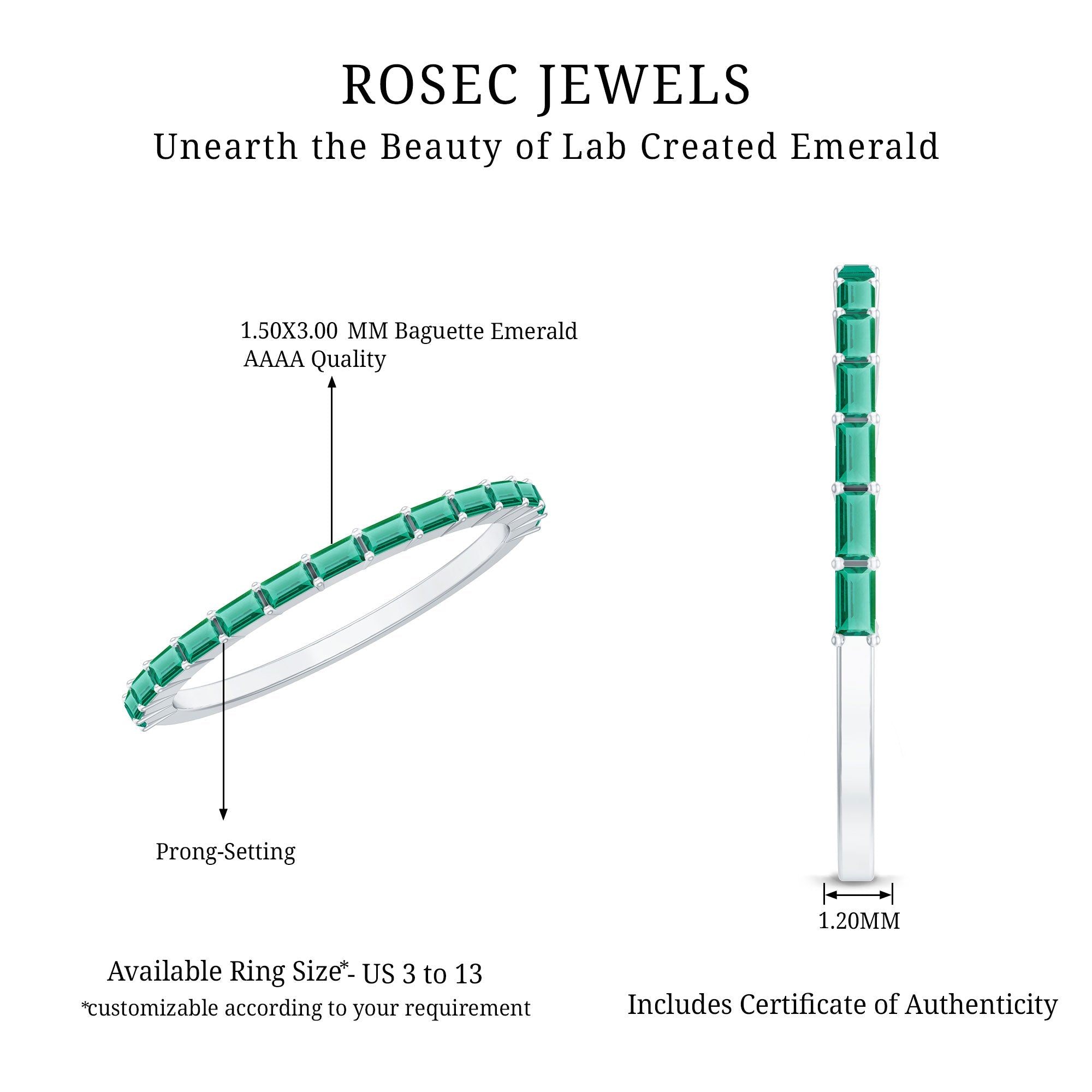Lab Grown Emerald Ring – Baguette Cut Stackable Eternity Band With Shared Prong Setting