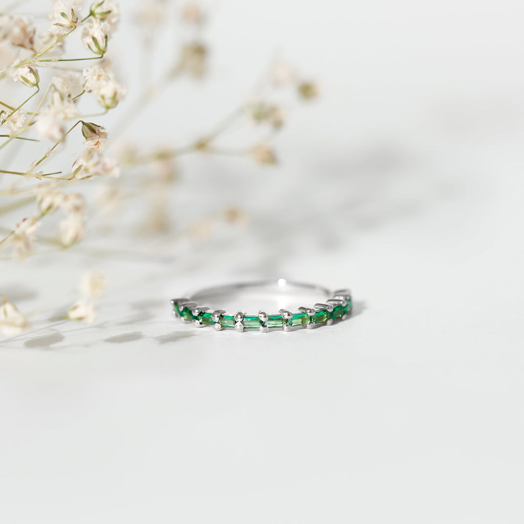 Lab Grown Emerald Ring – Baguette Cut Stackable Eternity Band With Shared Prong Setting