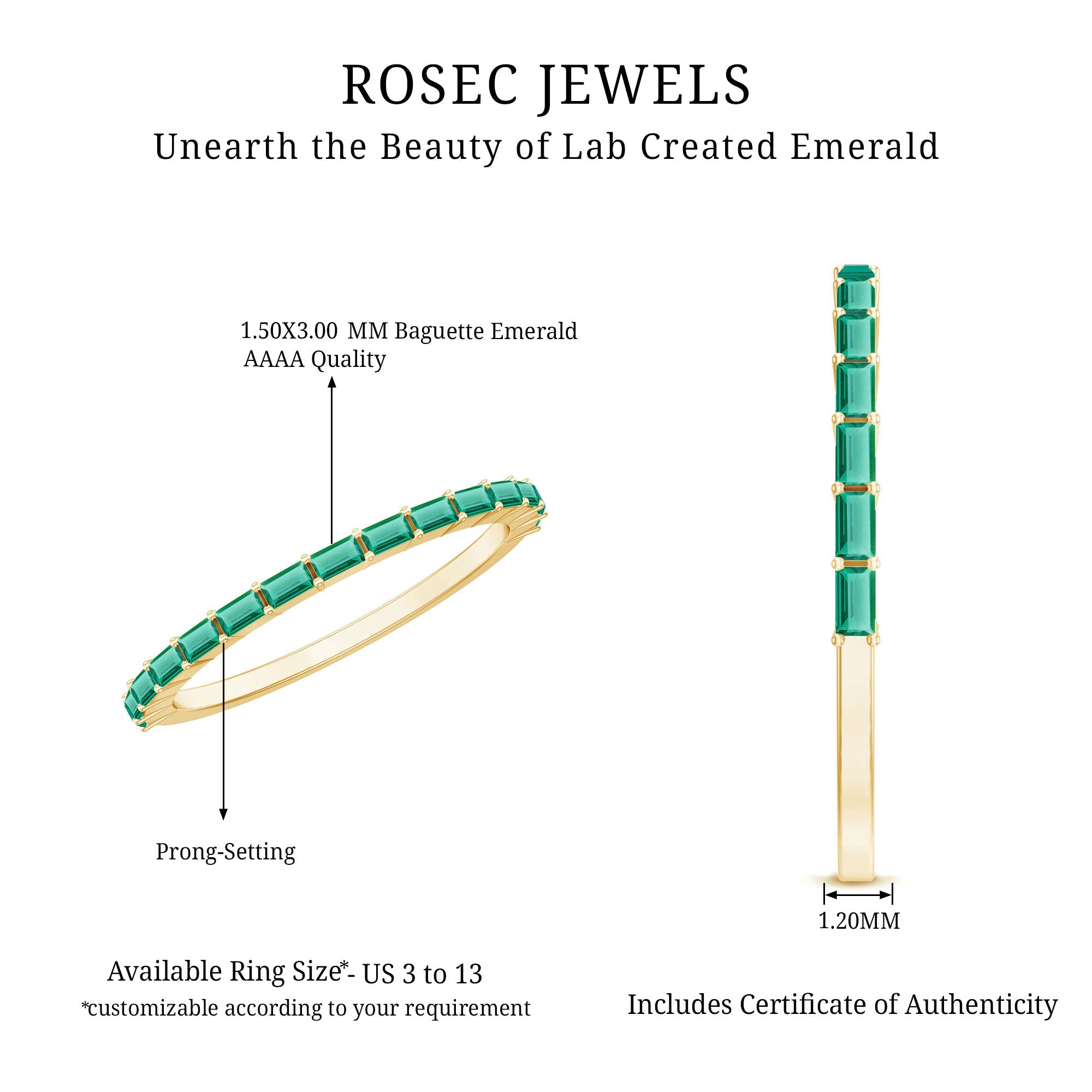 Lab Grown Emerald Ring – Baguette Cut Stackable Eternity Band With Shared Prong Setting