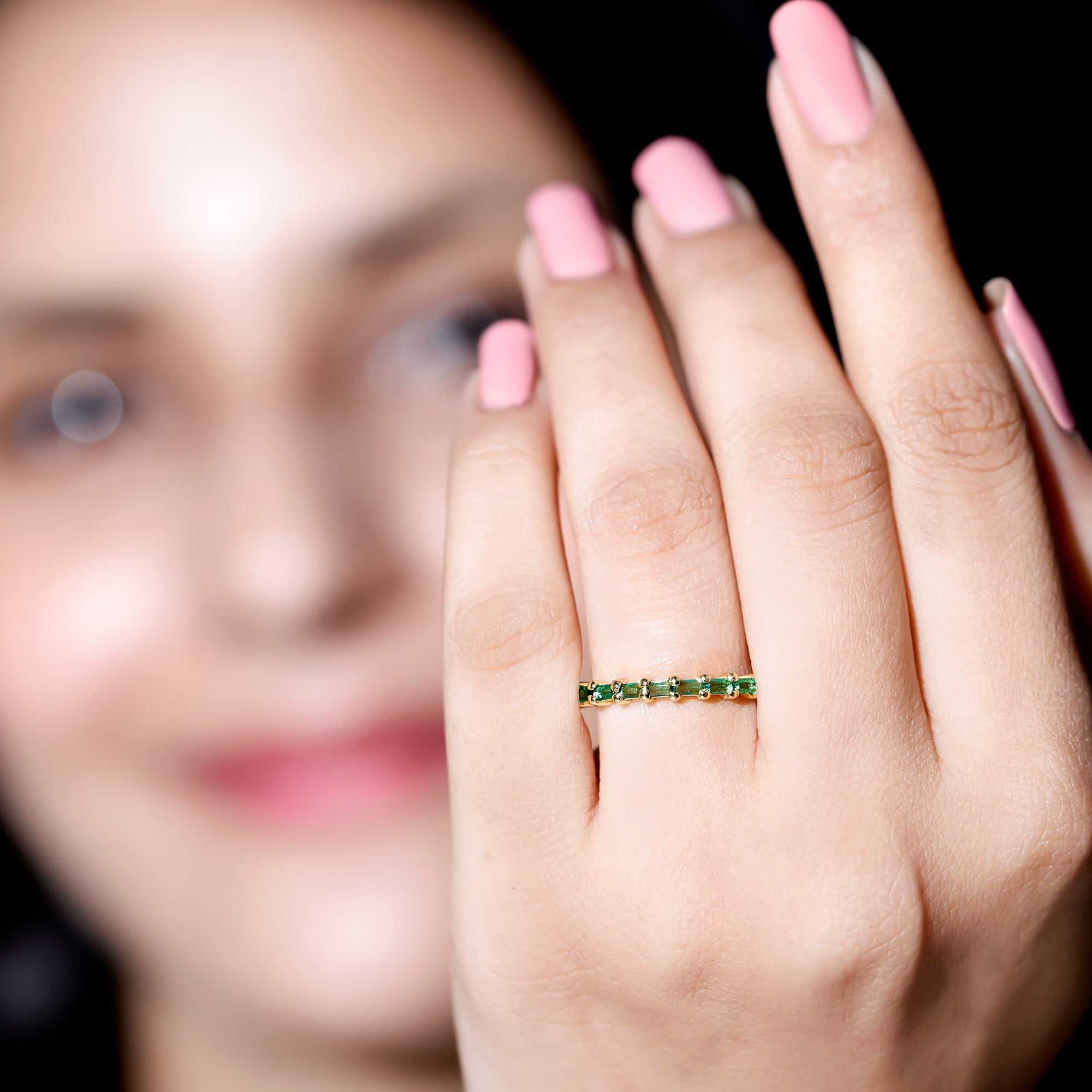Lab Grown Emerald Ring – Baguette Cut Stackable Eternity Band With Shared Prong Setting