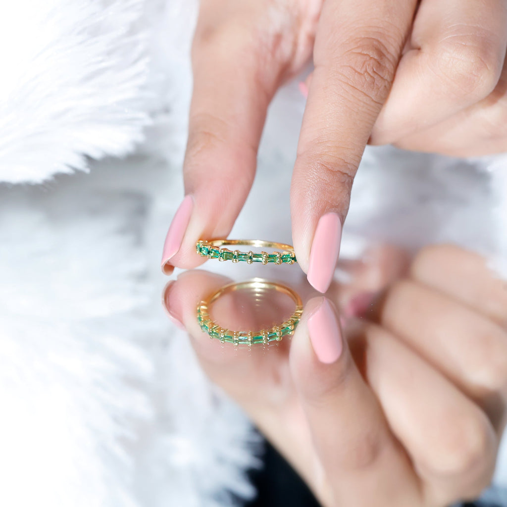 Lab Grown Emerald Ring – Baguette Cut Stackable Eternity Band With Shared Prong Setting